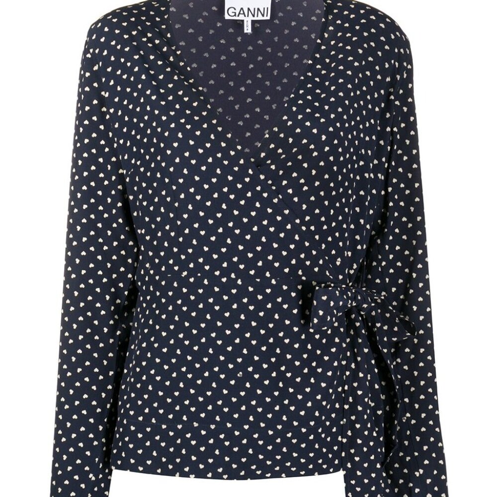 Ganni Heart Print Wrap-Front Blouse In Blue